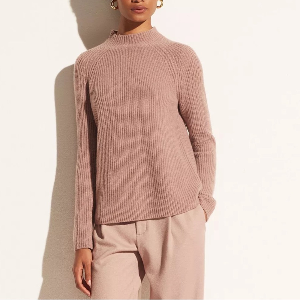 VINCE Cashmere Mock Neck Shaker Rib Pullover Mauve Rose Blush XS
